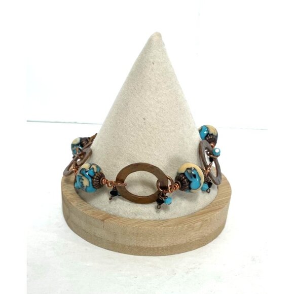 Hammered Copper Bracelet Turquoise Bead Dangles Adjustable 7.5-9.5" Boho Jewelry - Picture 2 of 6